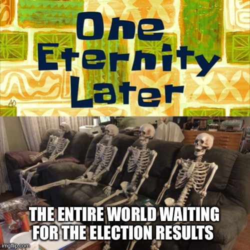The entire world waiting for the election results | THE ENTIRE WORLD WAITING FOR THE ELECTION RESULTS | image tagged in one eternity later | made w/ Imgflip meme maker