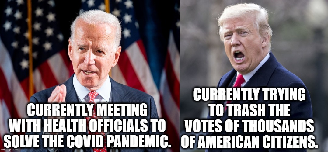 What Are They Currently Doing? | CURRENTLY TRYING TO TRASH THE VOTES OF THOUSANDS OF AMERICAN CITIZENS. CURRENTLY MEETING WITH HEALTH OFFICIALS TO SOLVE THE COVID PANDEMIC. | image tagged in donald trump,joe biden,election 2016,coronavirus,covid-19,democrats | made w/ Imgflip meme maker