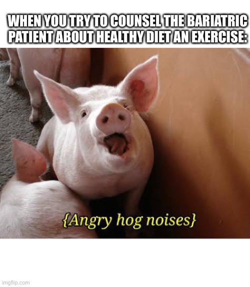 WHEN YOU TRY TO COUNSEL THE BARIATRIC PATIENT ABOUT HEALTHY DIET AN EXERCISE: | image tagged in angry hog noises,pig,bariatric,obese,obesity | made w/ Imgflip meme maker