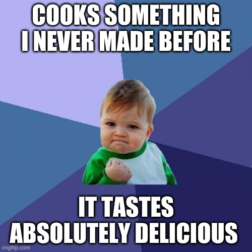 Success Kid Meme | COOKS SOMETHING I NEVER MADE BEFORE; IT TASTES ABSOLUTELY DELICIOUS | image tagged in memes,success kid | made w/ Imgflip meme maker