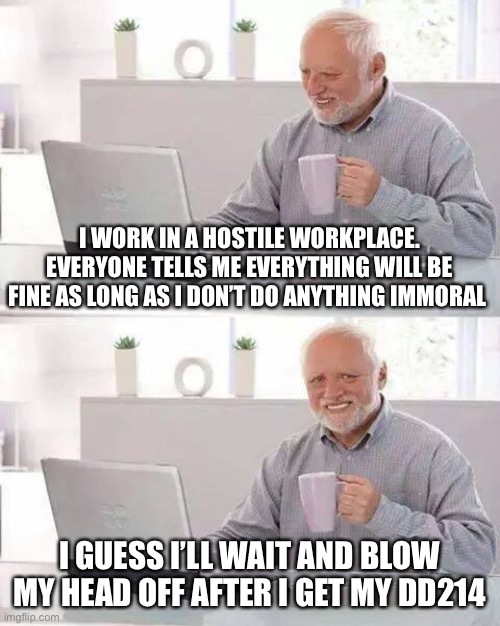Hostile Workplace | I WORK IN A HOSTILE WORKPLACE. EVERYONE TELLS ME EVERYTHING WILL BE FINE AS LONG AS I DON’T DO ANYTHING IMMORAL; I GUESS I’LL WAIT AND BLOW MY HEAD OFF AFTER I GET MY DD214 | image tagged in memes,hide the pain harold,hostile,hostile workplace | made w/ Imgflip meme maker