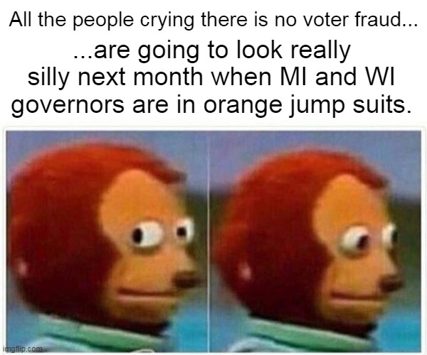 Dude, how did you think Trump knew months ago? Some honest Democrat in WI/MI already leaked and reported the whole thing. | All the people crying there is no voter fraud... ...are going to look really silly next month when MI and WI governors are in orange jump suits. | image tagged in memes,monkey puppet,democrat,voter fraud,maga 2020,communism | made w/ Imgflip meme maker