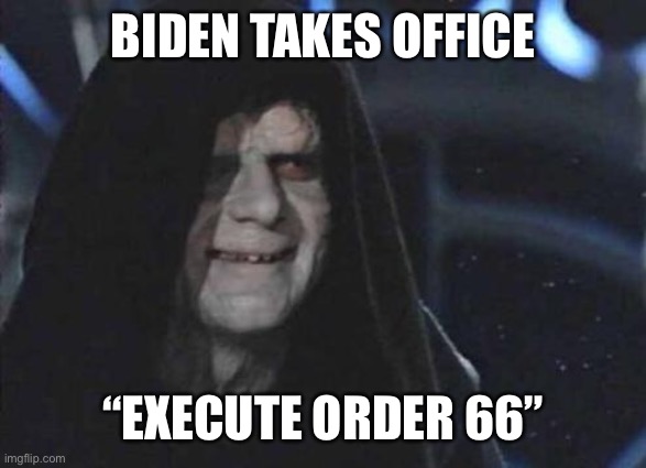 Biden as Palpatine | BIDEN TAKES OFFICE; “EXECUTE ORDER 66” | image tagged in emperor palpatine | made w/ Imgflip meme maker