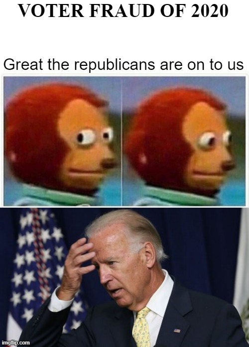 Something's fishy here! | VOTER FRAUD OF 2020; Great the republicans are on to us | image tagged in memes,monkey puppet,joe biden worries,voter fraud,election 2020 | made w/ Imgflip meme maker