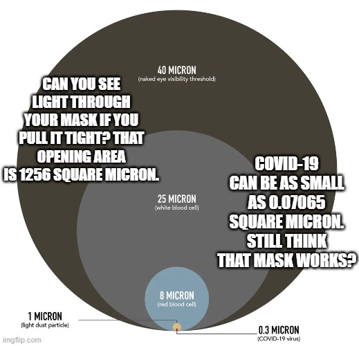 Wrong kinds of Masks | CAN YOU SEE LIGHT THROUGH YOUR MASK IF YOU PULL IT TIGHT? THAT OPENING AREA IS 1256 SQUARE MICRON. COVID-19 CAN BE AS SMALL AS 0.07065 SQUARE MICRON. STILL THINK THAT MASK WORKS? | image tagged in covid-19,face mask,coronavirus,covid,aerosol | made w/ Imgflip meme maker