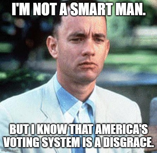 I'm not a smart man. But I know that America's voting system is a disgrace. | I'M NOT A SMART MAN. BUT I KNOW THAT AMERICA'S VOTING SYSTEM IS A DISGRACE. | image tagged in forrest gump | made w/ Imgflip meme maker