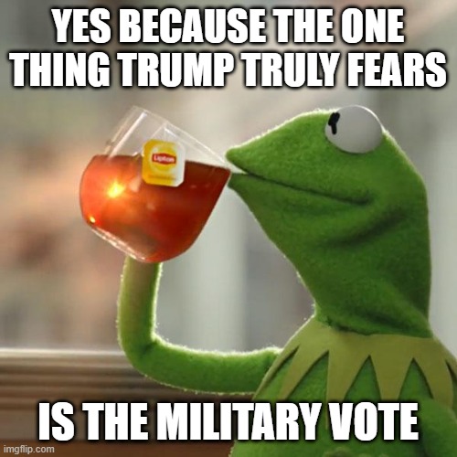 But That's None Of My Business Meme | YES BECAUSE THE ONE THING TRUMP TRULY FEARS IS THE MILITARY VOTE | image tagged in memes,but that's none of my business,kermit the frog | made w/ Imgflip meme maker