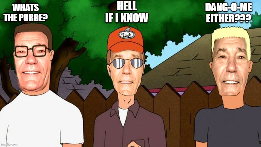 DANG-O-ME EITHER??? HELL IF I KNOW; WHATS THE PURGE? | image tagged in lew of the hill | made w/ Imgflip meme maker