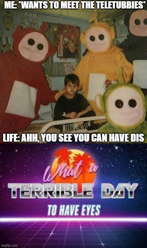 ye, i don't want a teletubbie party | ME: *WANTS TO MEET THE TELETUBBIES*; LIFE: AHH, YOU SEE YOU CAN HAVE DIS | image tagged in what a terrible day to have eyes | made w/ Imgflip meme maker