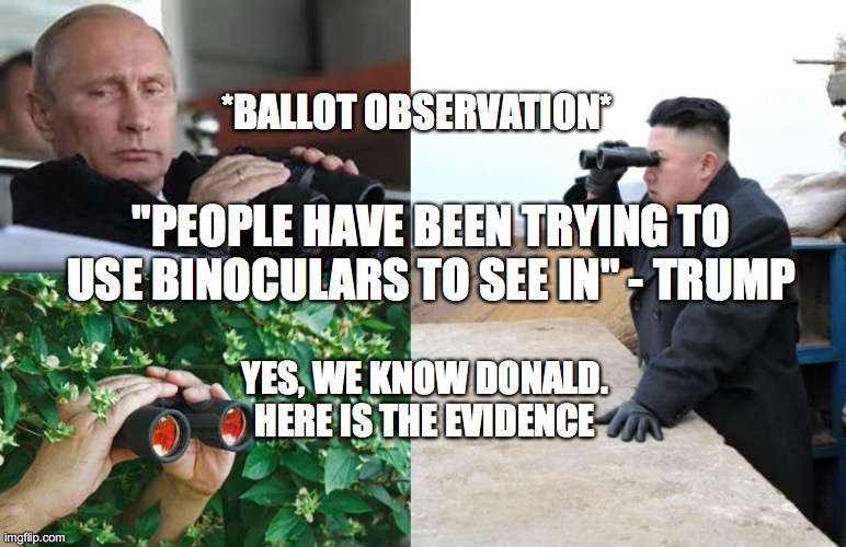 The Hard Proof Donald Has Been Looking For | *BALLOT OBSERVATION*; "PEOPLE HAVE BEEN TRYING TO USE BINOCULARS TO SEE IN" - TRUMP; YES, WE KNOW DONALD. HERE IS THE EVIDENCE | image tagged in putin binoculars,creepy guy in the bushes with binoculars,kim jon binoculars,donald trump,sad joe biden | made w/ Imgflip meme maker