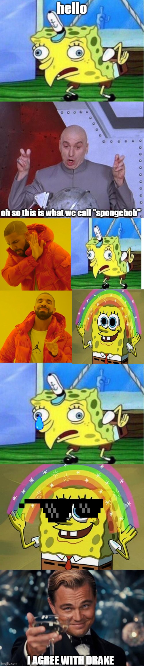 mocking spongebob | hello; oh so this is what we call "spongebob"; I AGREE WITH DRAKE | image tagged in memes,mocking spongebob,dr evil laser,drake hotline bling,imagination spongebob,leonardo dicaprio cheers | made w/ Imgflip meme maker