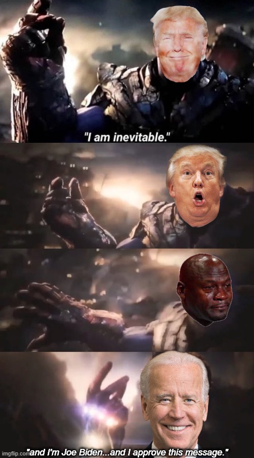 Bye-Bye, Donald! | "and I'm Joe Biden...and I approve this message." | image tagged in i am inevitable,trump,biden,avengers,iron man,thanos | made w/ Imgflip meme maker