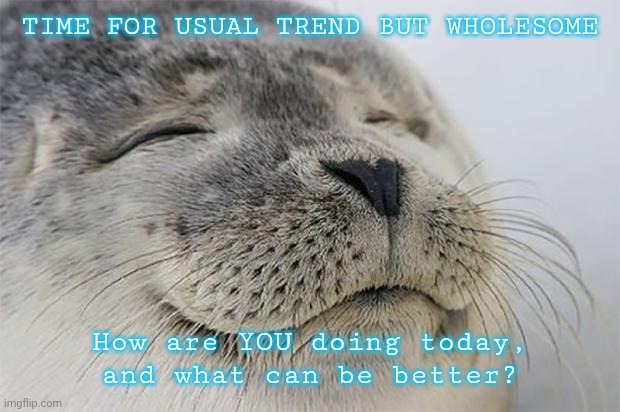 Talk to me! #DontStressFam | TIME FOR USUAL TREND BUT WHOLESOME; How are YOU doing today, and what can be better? | image tagged in memes,satisfied seal,chillin,detemination | made w/ Imgflip meme maker