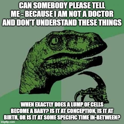 Please offer me a scientific reason. Until then, I'll err on the side of caution and say "At Conception!" | CAN SOMEBODY PLEASE TELL ME - BECAUSE I AM NOT A DOCTOR AND DON'T UNDERSTAND THESE THINGS; WHEN EXACTLY DOES A LUMP OF CELLS BECOME A BABY? IS IT AT CONCEPTION, IS IT AT BIRTH, OR IS IT AT SOME SPECIFIC TIME IN-BETWEEN? | image tagged in memes,philosoraptor,abortion | made w/ Imgflip meme maker