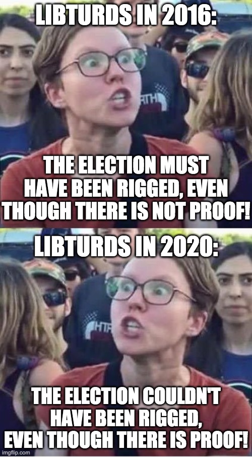 Angry Liberal Hypocrite | LIBTURDS IN 2016: THE ELECTION MUST HAVE BEEN RIGGED, EVEN THOUGH THERE IS NOT PROOF! LIBTURDS IN 2020: THE ELECTION COULDN'T HAVE BEEN RIGG | image tagged in angry liberal hypocrite | made w/ Imgflip meme maker
