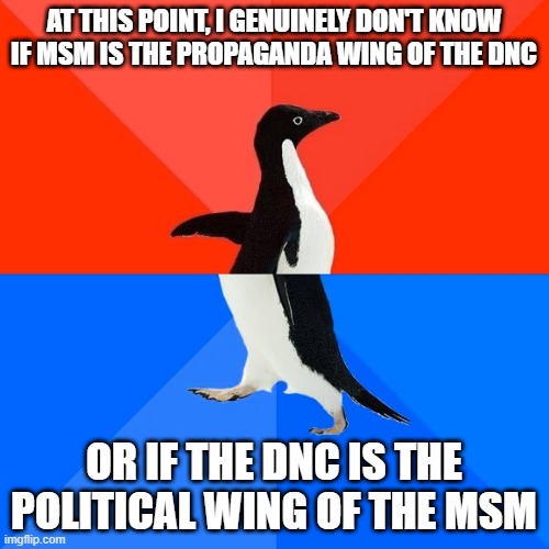 Socially Awesome Awkward Penguin Meme | AT THIS POINT, I GENUINELY DON'T KNOW IF MSM IS THE PROPAGANDA WING OF THE DNC OR IF THE DNC IS THE POLITICAL WING OF THE MSM | image tagged in memes,socially awesome awkward penguin | made w/ Imgflip meme maker