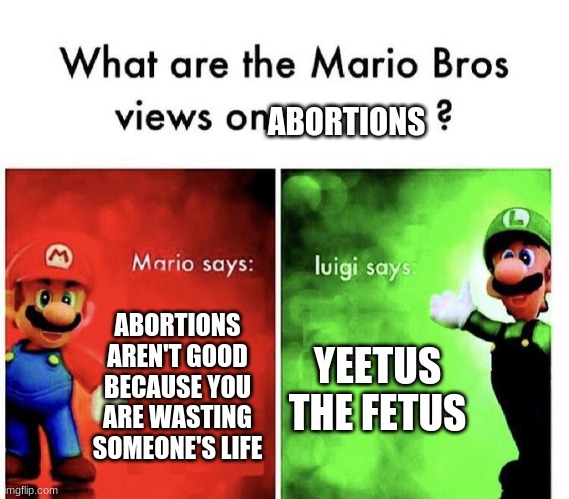 Mario Bros Views | ABORTIONS; ABORTIONS AREN'T GOOD BECAUSE YOU ARE WASTING SOMEONE'S LIFE; YEETUS THE FETUS | image tagged in mario bros views | made w/ Imgflip meme maker