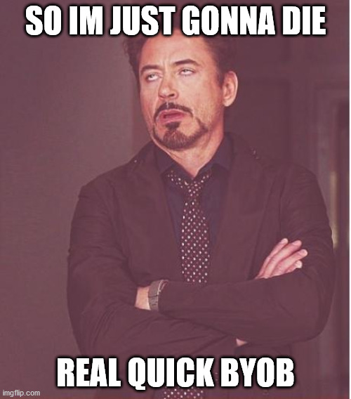 Face You Make Robert Downey Jr | SO IM JUST GONNA DIE; REAL QUICK BYOB | image tagged in memes,face you make robert downey jr | made w/ Imgflip meme maker