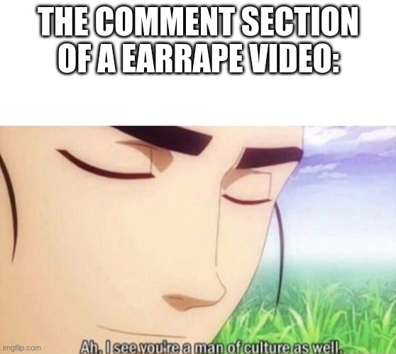 Ah I see you're a man of culture as well | THE COMMENT SECTION OF A EARRAPE VIDEO: | image tagged in ah i see you're a man of culture as well,funny memes,memes | made w/ Imgflip meme maker