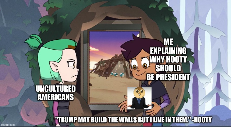 Hooty for President | ME EXPLAINING WHY HOOTY SHOULD BE PRESIDENT; UNCULTURED AMERICANS; "TRUMP MAY BUILD THE WALLS BUT I LIVE IN THEM." -HOOTY | image tagged in explaining meme owl house edition | made w/ Imgflip meme maker