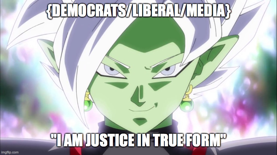 Justice Seeker Zamasu | {DEMOCRATS/LIBERAL/MEDIA}; "I AM JUSTICE IN TRUE FORM" | image tagged in zamasu | made w/ Imgflip meme maker