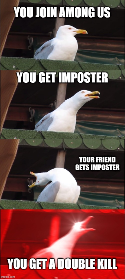 The Among Us Dream | YOU JOIN AMONG US; YOU GET IMPOSTER; YOUR FRIEND GETS IMPOSTER; YOU GET A DOUBLE KILL | image tagged in memes,inhaling seagull | made w/ Imgflip meme maker