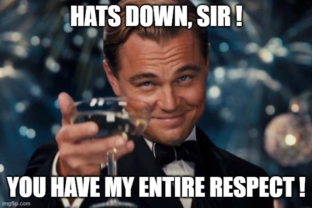 Leonardo Dicaprio Cheers Meme | HATS DOWN, SIR ! YOU HAVE MY ENTIRE RESPECT ! | image tagged in memes,leonardo dicaprio cheers | made w/ Imgflip meme maker