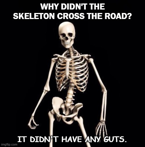 Daily Bad Dad Joke November 6 2020 | WHY DIDN'T THE SKELETON CROSS THE ROAD? IT DIDN'T HAVE ANY GUTS. | image tagged in skeletons-o-fun | made w/ Imgflip meme maker