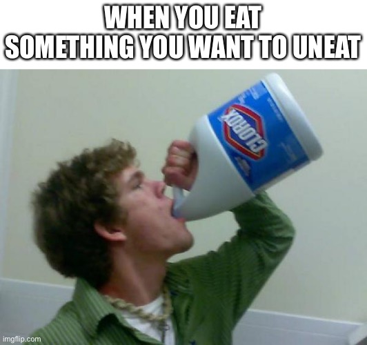 drink bleach | WHEN YOU EAT SOMETHING YOU WANT TO UNEAT | image tagged in drink bleach | made w/ Imgflip meme maker