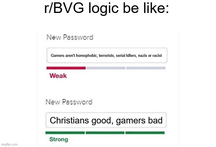 r/BVG: We do actual research and we believe in god Also r/BVG: | r/BVG logic be like:; Gamers aren't homophobic, terrorists, serial killers, nazis or racist; Christians good, gamers bad | image tagged in weak strong password | made w/ Imgflip meme maker