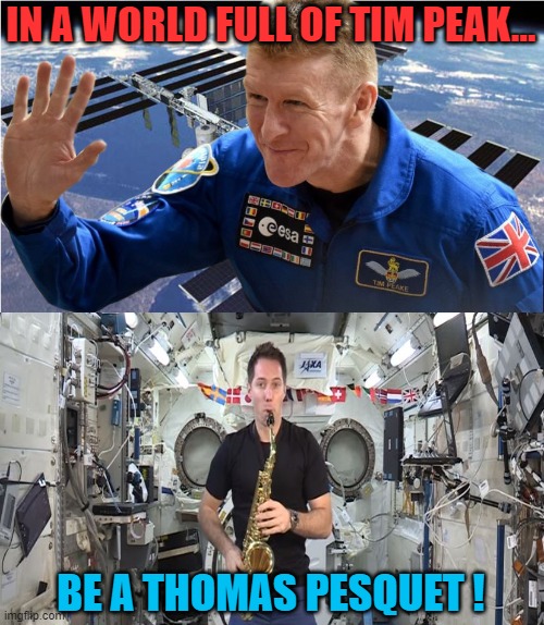 The English have their space hero. And we, the French, have ours ! |  IN A WORLD FULL OF TIM PEAK... BE A THOMAS PESQUET ! | image tagged in tim peake,memes,astronaut,thomas pesquet,saxophone,iss | made w/ Imgflip meme maker