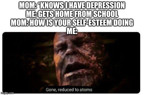 gone reduced to atoms | MOM: *KNOWS I HAVE DEPRESSION
ME: GETS HOME FROM SCHOOL
MOM: HOW IS YOUR SELF-ESTEEM DOING
ME: | image tagged in gone reduced to atoms | made w/ Imgflip meme maker