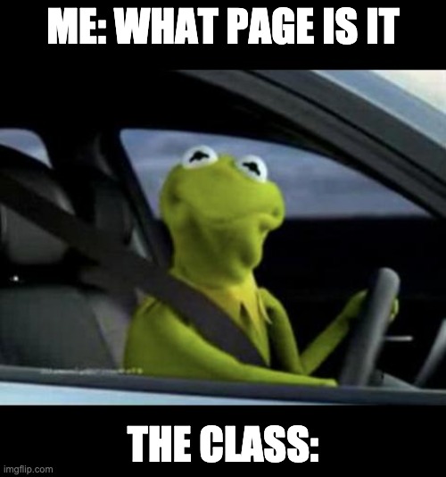 Kermit Driving | ME: WHAT PAGE IS IT; THE CLASS: | image tagged in kermit driving | made w/ Imgflip meme maker