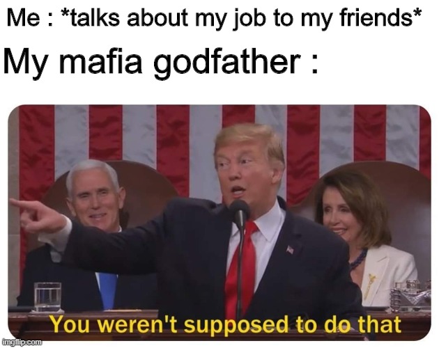 Oopsie ! | Me : *talks about my job to my friends*; My mafia godfather : | image tagged in you weren't supposed to do that,memes,job,mafia,godfather | made w/ Imgflip meme maker