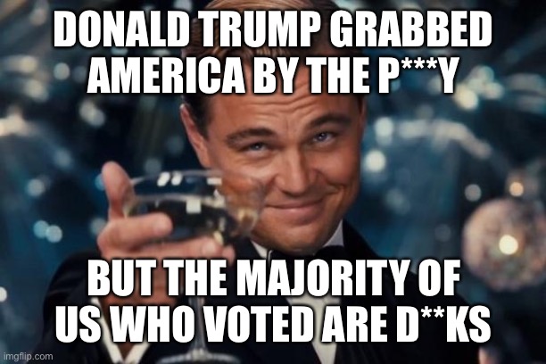 Leonardo Dicaprio Cheers | DONALD TRUMP GRABBED AMERICA BY THE P***Y; BUT THE MAJORITY OF US WHO VOTED ARE D**KS | image tagged in memes,leonardo dicaprio cheers | made w/ Imgflip meme maker
