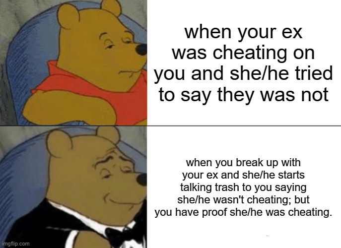 When she/he cheats | when your ex was cheating on you and she/he tried to say they was not; when you break up with your ex and she/he starts talking trash to you saying she/he wasn't cheating; but you have proof she/he was cheating. | image tagged in memes,tuxedo winnie the pooh | made w/ Imgflip meme maker