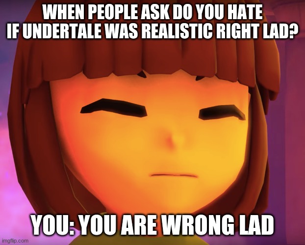 if undertale was realistic funny meme | WHEN PEOPLE ASK DO YOU HATE IF UNDERTALE WAS REALISTIC RIGHT LAD? YOU: YOU ARE WRONG LAD | image tagged in undertale | made w/ Imgflip meme maker