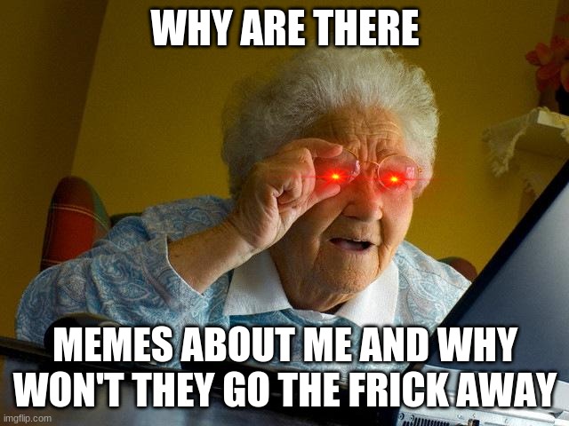 Grandma Finds The Internet | WHY ARE THERE; MEMES ABOUT ME AND WHY WON'T THEY GO THE FRICK AWAY | image tagged in memes,grandma finds the internet | made w/ Imgflip meme maker