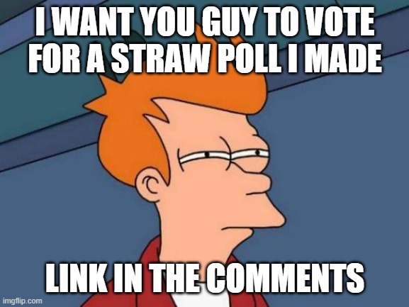 Futurama Fry Meme | I WANT YOU GUY TO VOTE FOR A STRAW POLL I MADE; LINK IN THE COMMENTS | image tagged in memes,futurama fry | made w/ Imgflip meme maker