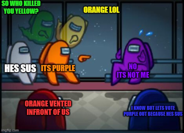 Among us blame | SO WHO KILLED YOU YELLOW? ORANGE LOL; HES SUS; ITS PURPLE; NO ITS NOT ME; ORANGE VENTED INFRONT OF US; I KNOW BUT LETS VOTE PURPLE OUT BECAUSE HES SUS | image tagged in among us blame | made w/ Imgflip meme maker