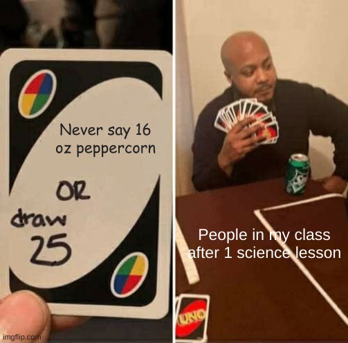 Idk at this point | Never say 16 oz peppercorn; People in my class after 1 science lesson | image tagged in memes,uno draw 25 cards | made w/ Imgflip meme maker