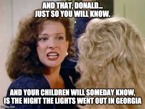 Julia Sugar Baker to Trump | AND THAT, DONALD... JUST SO YOU WILL KNOW. AND YOUR CHILDREN WILL SOMEDAY KNOW, IS THE NIGHT THE LIGHTS WENT OUT IN GEORGIA | image tagged in dump trump | made w/ Imgflip meme maker