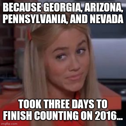 Sure Jan | BECAUSE GEORGIA, ARIZONA, PENNSYLVANIA, AND NEVADA TOOK THREE DAYS TO FINISH COUNTING ON 2016... | image tagged in sure jan | made w/ Imgflip meme maker