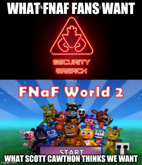 Scott Cawthon make the game already | WHAT FNAF FANS WANT; WHAT SCOTT CAWTHON THINKS WE WANT | image tagged in fnaf,fnaf world,scott cawthon | made w/ Imgflip meme maker