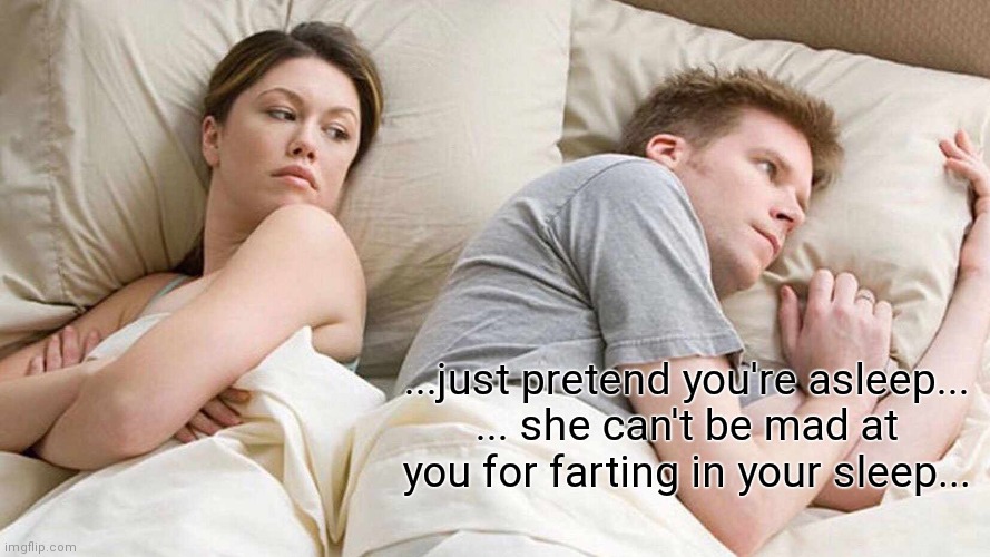 too comfortable | ...just pretend you're asleep...
... she can't be mad at you for farting in your sleep... | image tagged in memes | made w/ Imgflip meme maker