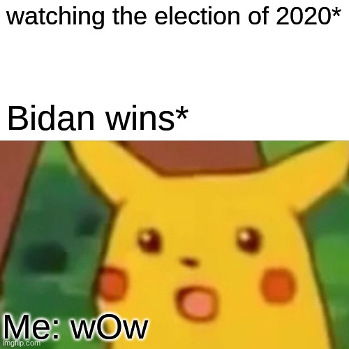 Surprised Pikachu | watching the election of 2020*; Bidan wins*; Me: wOw | image tagged in memes | made w/ Imgflip meme maker