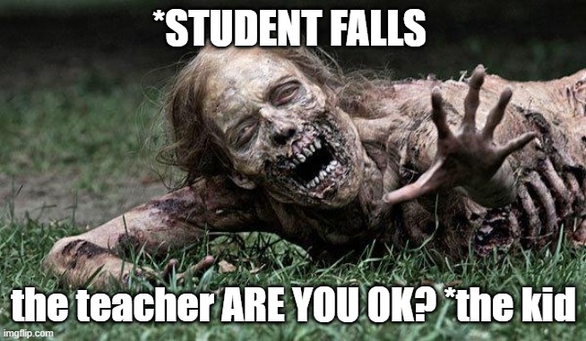 facts doe | *STUDENT FALLS; the teacher ARE YOU OK? *the kid | image tagged in walking dead zombie | made w/ Imgflip meme maker