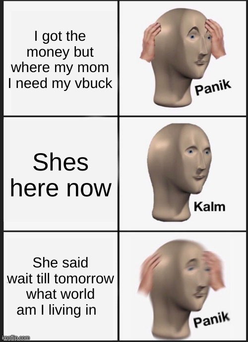 Funny Fortnite | I got the money but where my mom I need my vbuck; Shes here now; She said wait till tomorrow what world am I living in | image tagged in memes,panik kalm panik | made w/ Imgflip meme maker