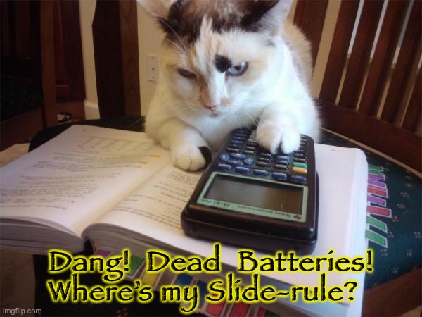 Math cat | Dang!  Dead  Batteries!
Where’s my Slide-rule? | image tagged in math cat | made w/ Imgflip meme maker