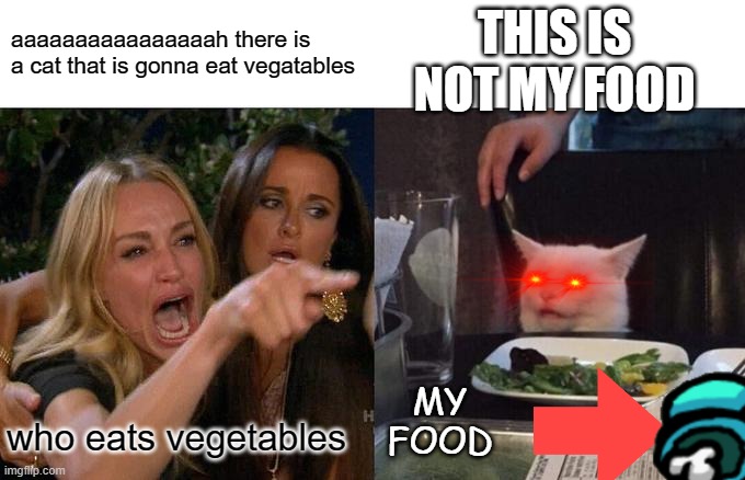 Vegetables | THIS IS NOT MY FOOD; aaaaaaaaaaaaaaaah there is a cat that is gonna eat vegatables; MY FOOD; who eats vegetables | image tagged in memes,woman yelling at cat | made w/ Imgflip meme maker